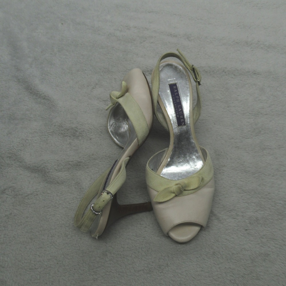 Ralph Lauren Womens 5.5B Sandals White Bow Peep Toe Slingback Kitten‎ Heel Italy